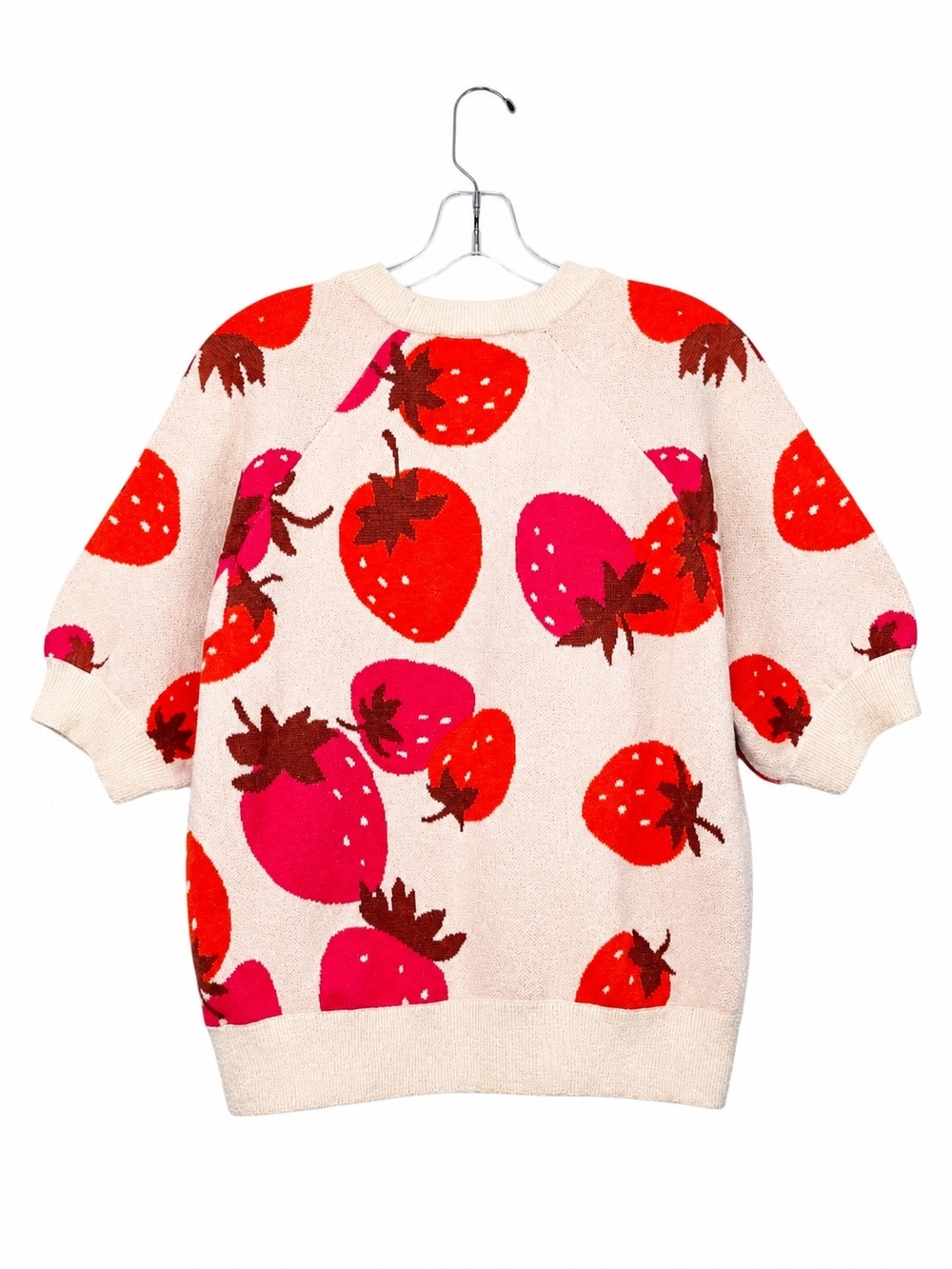 Ann Taylor Fun Strawberry Print Sweater Pink Red Cream Soft Knit Medium - Picture 7 of 11